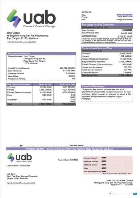Download Myanmar uab Bank mortgage statement Word and PDF template Photoshop template
